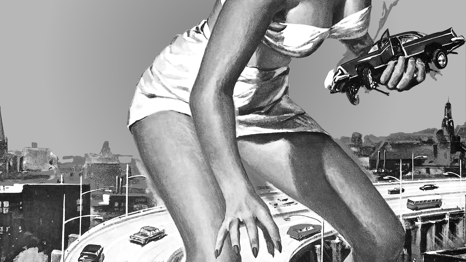 A portion of a drawing of a giant woman straddling a highway, holding a full-size vehicle in one hand — part of the poster for the 1958 movie Attack of the 50 Foot Woman by Reynold Brown